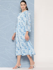 Floral Printed Bell Sleeves Midi Ethnic Dress With Lace Detail - Inddus.com