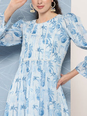 Floral Printed Bell Sleeves Midi Ethnic Dress With Lace Detail - Inddus.com