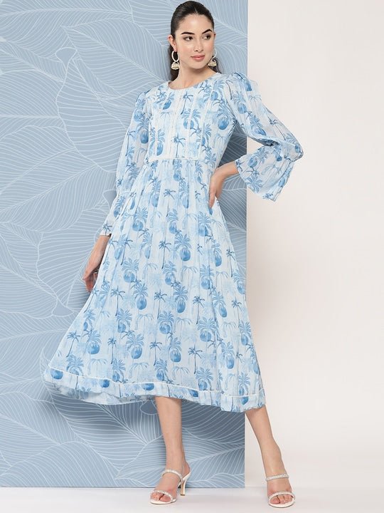 Floral Printed Bell Sleeves Midi Ethnic Dress With Lace Detail - Inddus.com