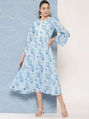 Floral Printed Bell Sleeves Midi Ethnic Dress With Lace Detail - Inddus.com