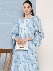 Floral Printed Bell Sleeves Midi Ethnic Dress With Lace Detail - Inddus.com