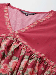 Floral Printed Cotton A-line Midi Dress - Inddus.com