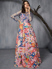 Floral Printed & Embroidered Fit-Flared Maxi Gown - Inddus.com