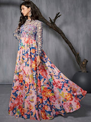 Floral Printed & Embroidered Fit-Flared Maxi Gown - Inddus.com