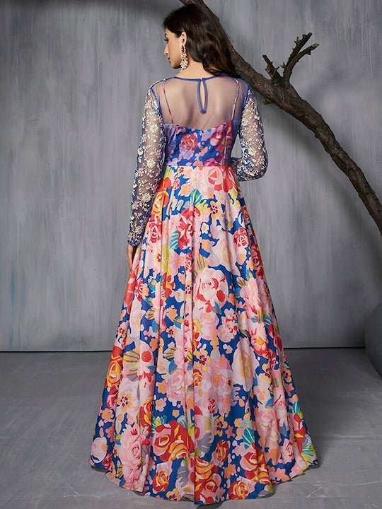 Floral Printed & Embroidered Fit-Flared Maxi Gown - Inddus.com