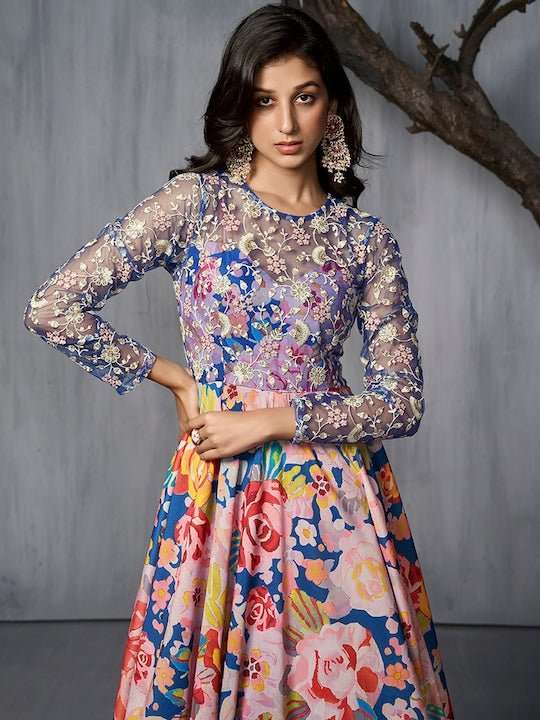 Floral Printed & Embroidered Fit-Flared Maxi Gown - Inddus.com