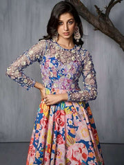 Floral Printed & Embroidered Fit-Flared Maxi Gown - Inddus.com