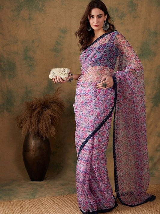 Floral Printed Embroidered lace Border Saree - Inddus.com