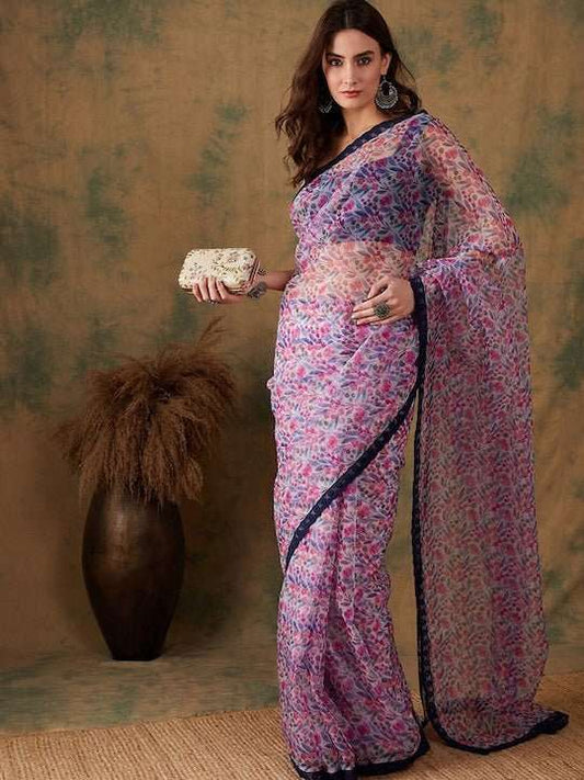 Floral Printed Embroidered lace Border Saree - Inddus.com