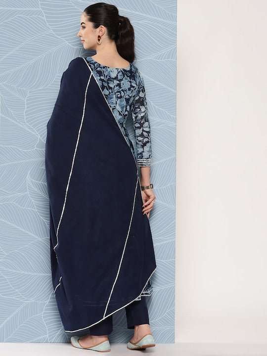Floral Printed Gotta Patti Chanderi Cotton Kurta With Trousers & Dupatta - Inddus.com