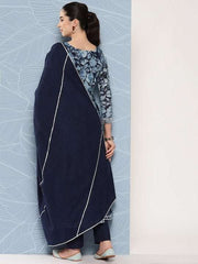 Floral Printed Gotta Patti Chanderi Cotton Kurta With Trousers & Dupatta - Inddus.com