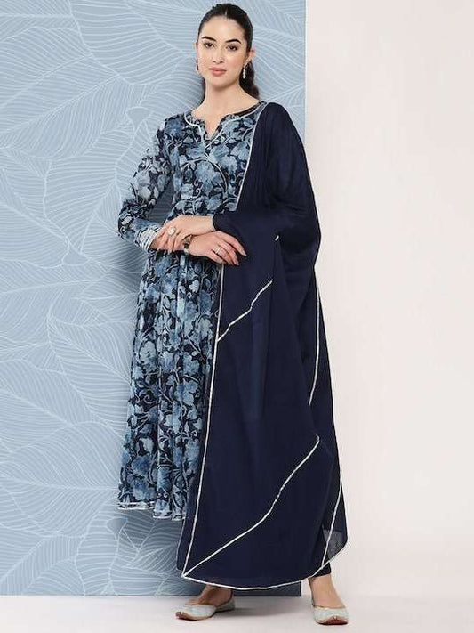 Floral Printed Gotta Patti Chanderi Cotton Kurta With Trousers & Dupatta - Inddus.com