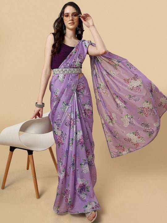 Floral Printed Gotta Patti Saree With Blouse & Belt - Inddus.com