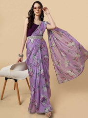 Floral Printed Gotta Patti Saree With Blouse & Belt - Inddus.com