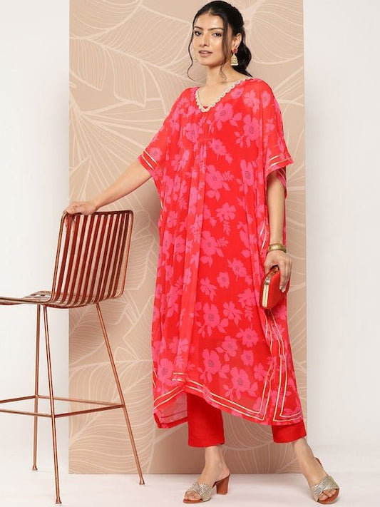 Floral Printed Kaftan Kurta With Trousers - Inddus.com