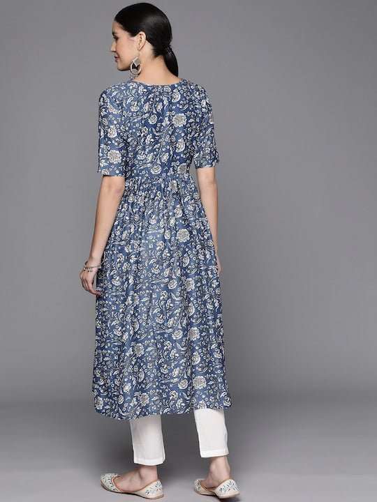 Floral Printed Lace Detailing A-Line Kurta - Inddus.com