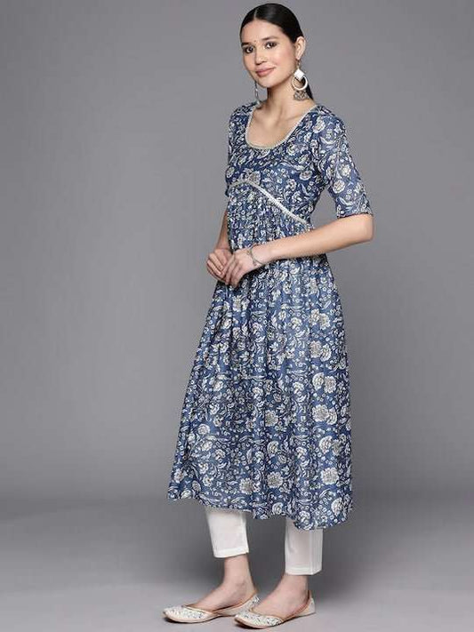 Floral Printed Lace Detailing A-Line Kurta - Inddus.com