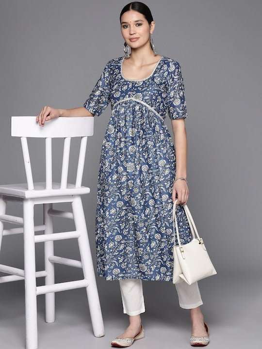 Floral Printed Lace Detailing A-Line Kurta - Inddus.com