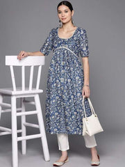 Floral Printed Lace Detailing A-Line Kurta - Inddus.com