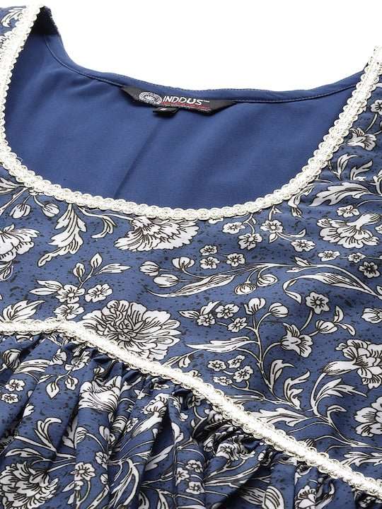 Floral Printed Lace Detailing A-Line Kurta - Inddus.com
