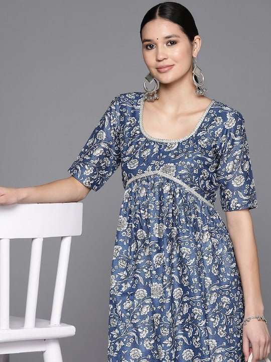 Floral Printed Lace Detailing A-Line Kurta - Inddus.com