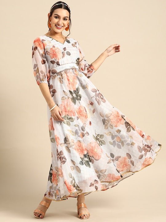 Floral Printed Maxi Dress with Belt - Inddus.com
