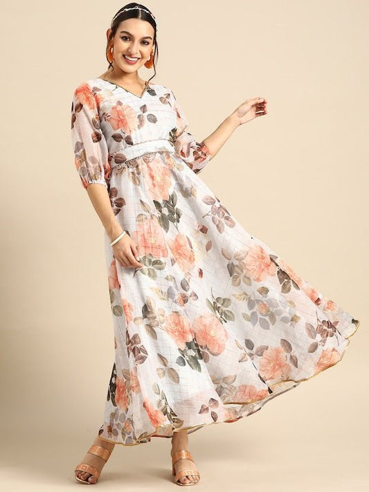 Floral Printed Maxi Dress with Belt - Inddus.com