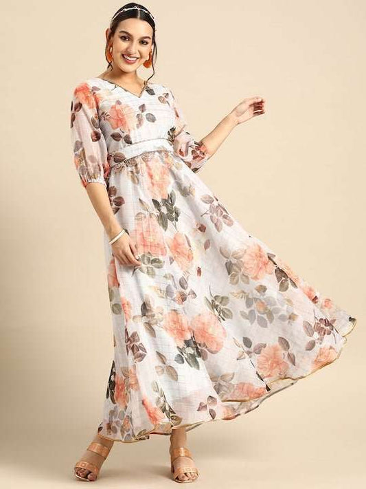Floral Printed Maxi Dress with Belt - Inddus.com