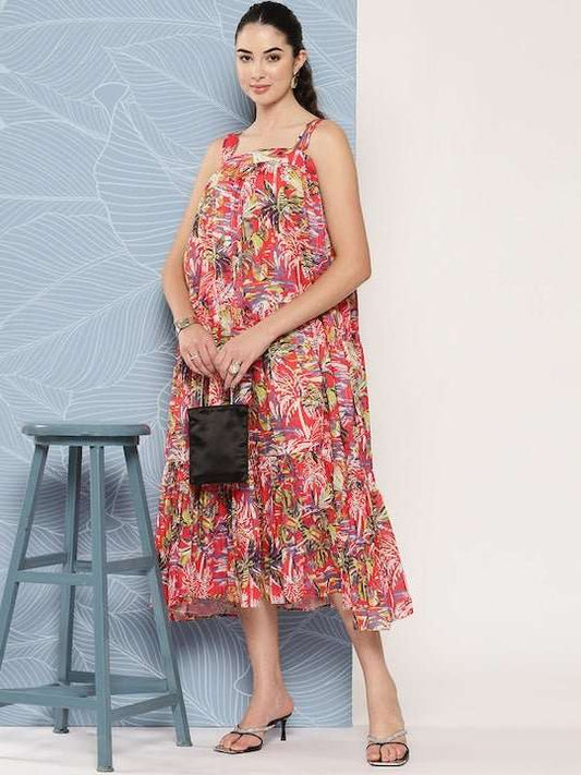 Floral Printed Midi Ethnic Dress - Inddus.com