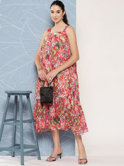 Floral Printed Midi Ethnic Dress - Inddus.com