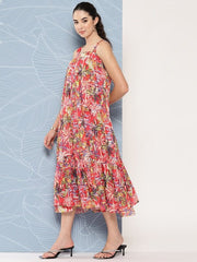 Floral Printed Midi Ethnic Dress - Inddus.com