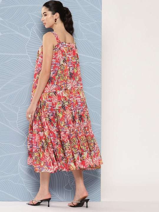 Floral Printed Midi Ethnic Dress - Inddus.com