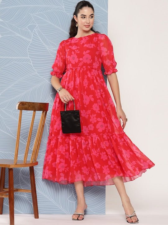 Floral Printed Puff Sleeves Georgette Midi Ethnic Dress With Ruffles Detail - Inddus.com