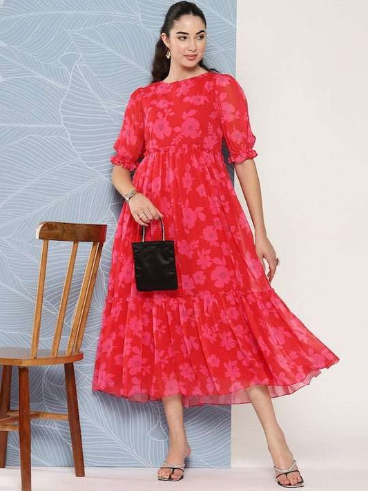 Floral Printed Puff Sleeves Georgette Midi Ethnic Dress With Ruffles Detail - Inddus.com