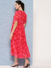 Floral Printed Puff Sleeves Georgette Midi Ethnic Dress With Ruffles Detail - Inddus.com