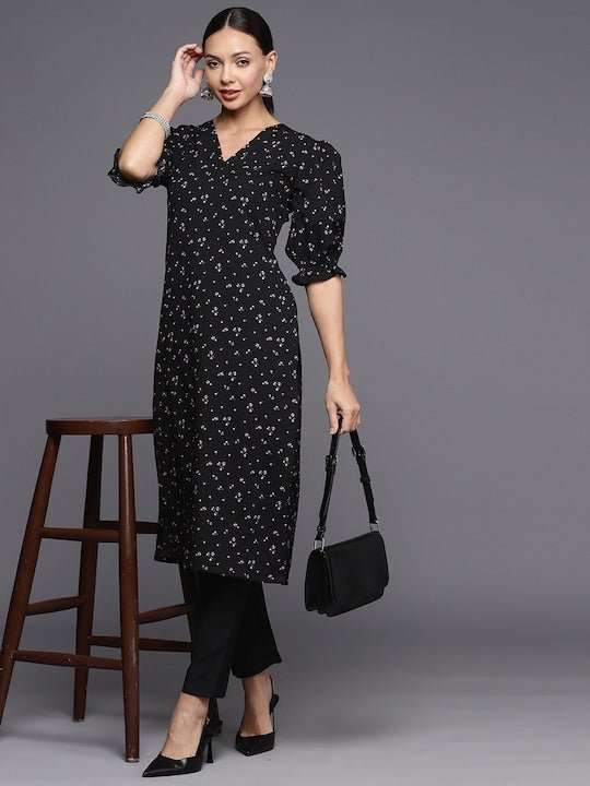 Floral Printed Puff Sleeves Kurta With Trousers - Inddus.com