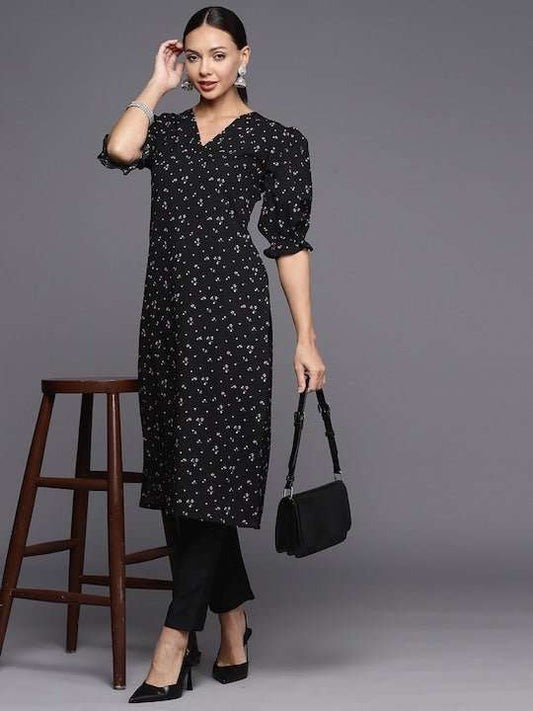 Floral Printed Puff Sleeves Kurta With Trousers - Inddus.com