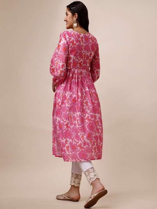 Floral Printed Puff Sleeves Pleated A-Line Kurta - Inddus.com