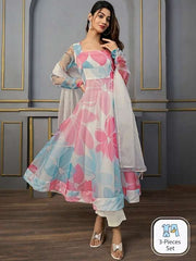 Floral Printed Regular Gotta Patti Kurta with Trousers & With Dupatta - Inddus.com