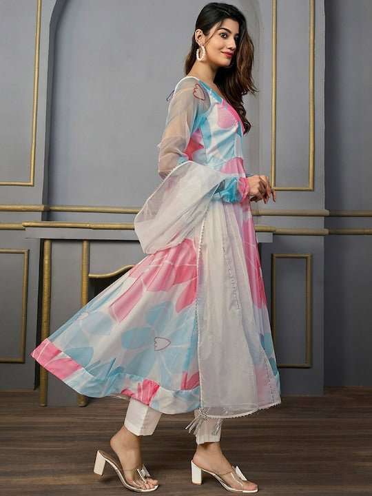Floral Printed Regular Gotta Patti Kurta with Trousers & With Dupatta - Inddus.com