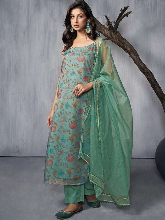 Floral Printed Regular Gotta Patti Organza Kurta With Trousers & Dupatta - Inddus.com