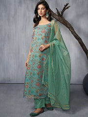 Floral Printed Regular Gotta Patti Organza Kurta With Trousers & Dupatta - Inddus.com