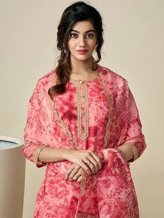 Floral Printed Regular Sequinned Kurta with Trousers & Dupatta - Inddus.com