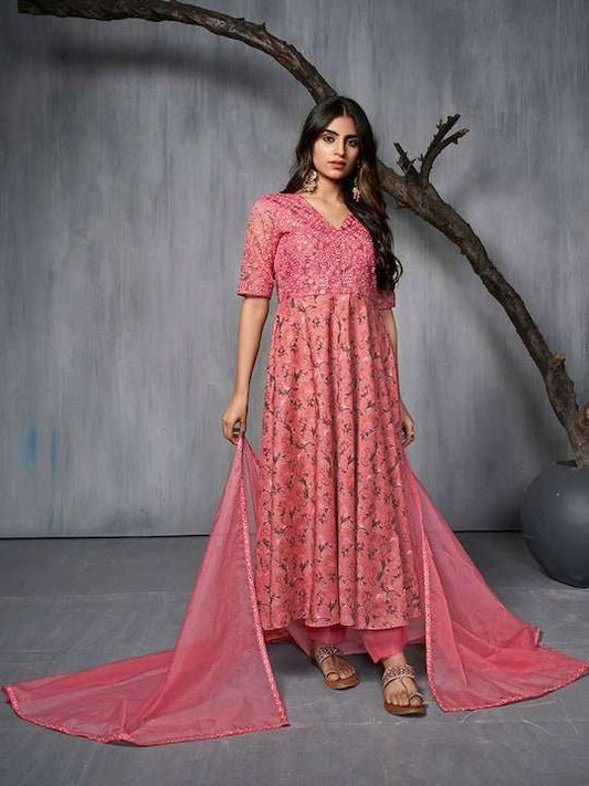 Floral Printed Regular Thread Work Kurta With Trousers & Dupatta - Inddus.com