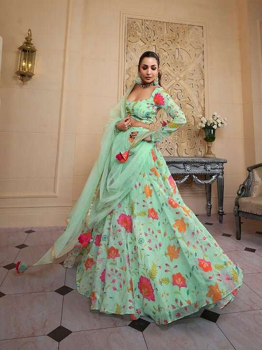Floral Printed Semi-Stitched Organza Lehenga & Unstitched Blouse With Dupatta - Inddus.com