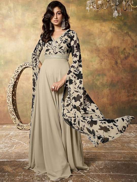 Floral Printed Sequinned Georgette Fit & Flare Maxi Ethnic Dress L-40 Floral Printed Sequinned Georgette Fit & Flare Maxi Ethnic Dress L-40