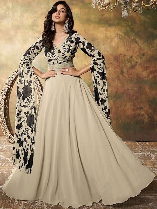 Floral Printed Sequinned Georgette Fit & Flare Maxi Ethnic Dress - Inddus.com