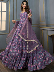 Floral Printed Sweetheart Neck Georgette Anarkali Kurta With Dupatta - Inddus.com