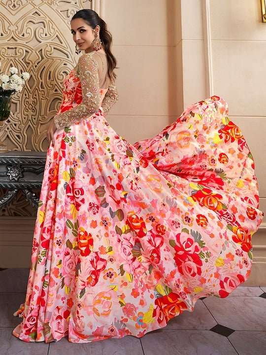 Floral Printed Thread Work Fit & Flare Ethnic Dress - Inddus.com