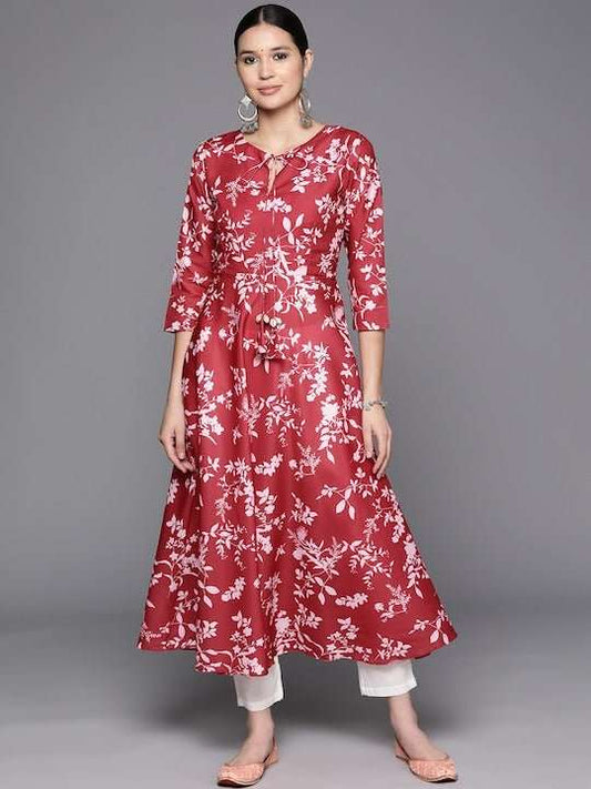 Floral Printed Tie-Up Neck A-Line Kurta - Inddus.com